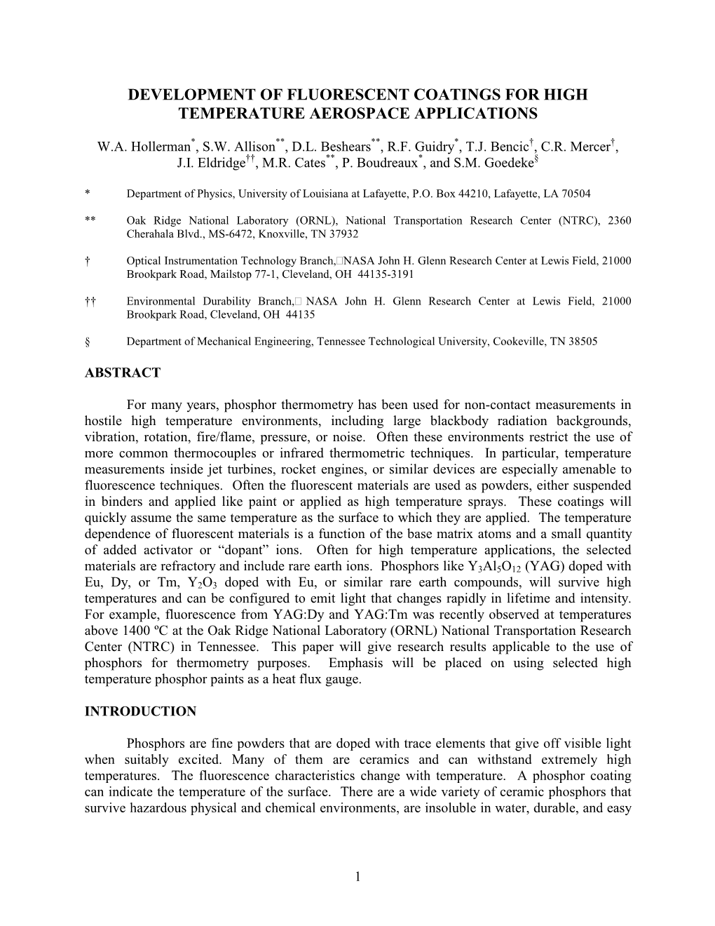 Development of Fluorescent Coatings for High Temperature Aerospace Applications