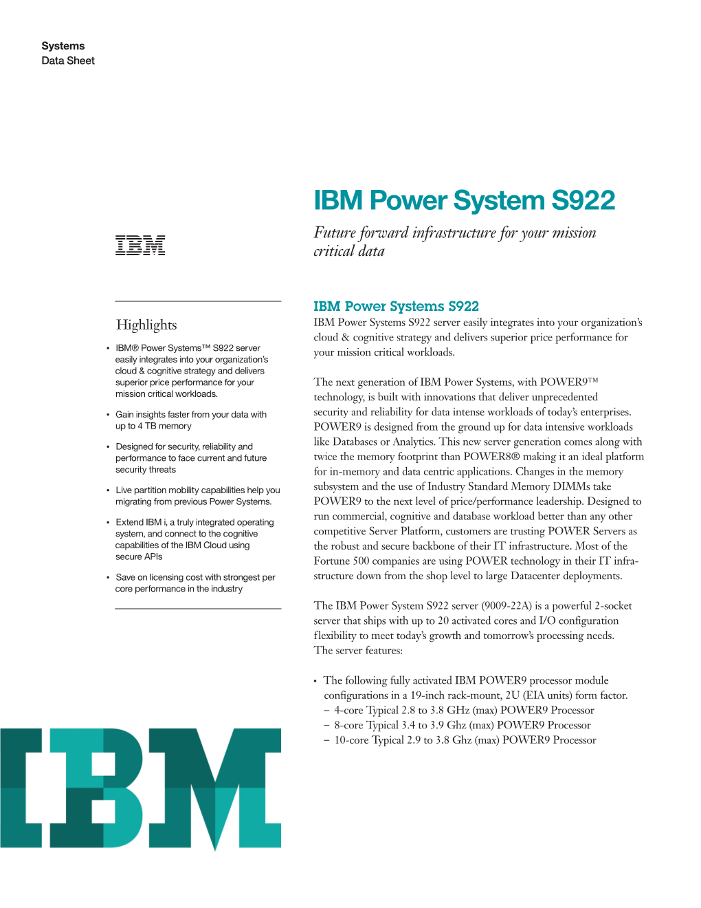 IBM Power System S922 Future Forward Infrastructure for Your Mission Critical Data