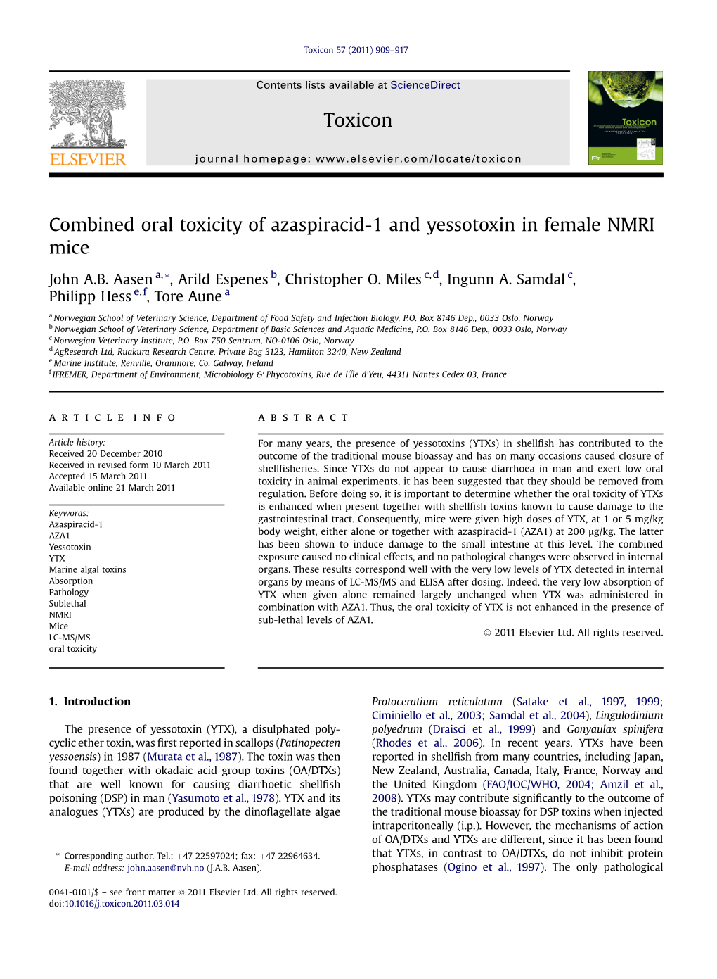 Combined Oral Toxicity of Azaspiracid-1 and Yessotoxin in Female NMRI Mice