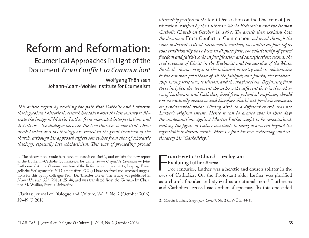 Ecumenical Approaches in Light of the Document from Conflict to Communion