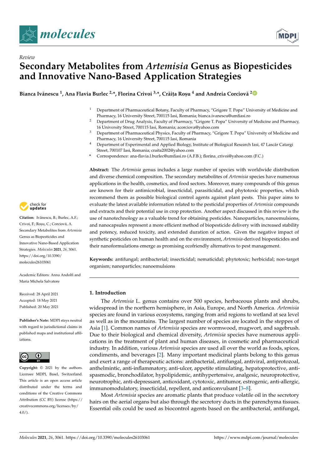 Secondary Metabolites from Artemisia Genus As Biopesticides and Innovative Nano-Based Application Strategies