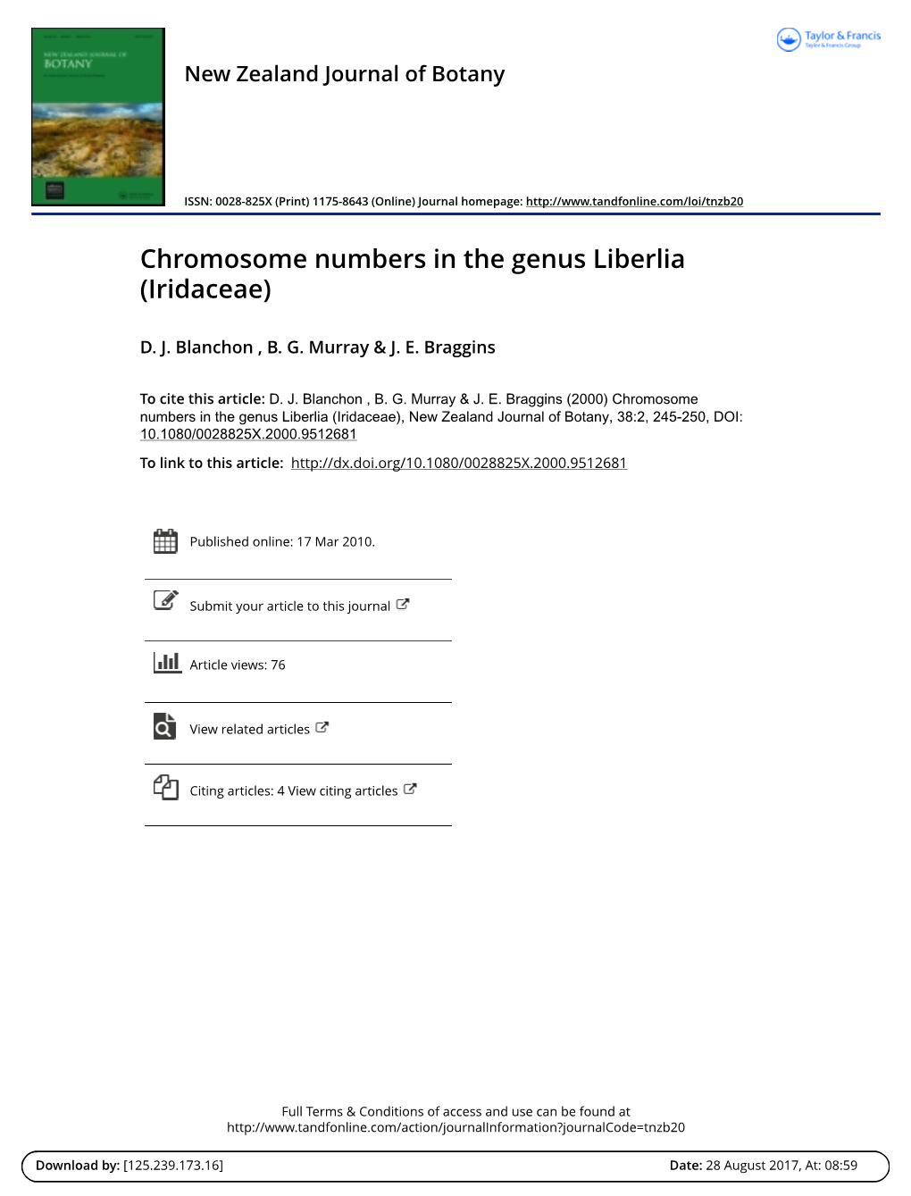 Chromosome Numbers in the Genus Liberlia (Iridaceae)