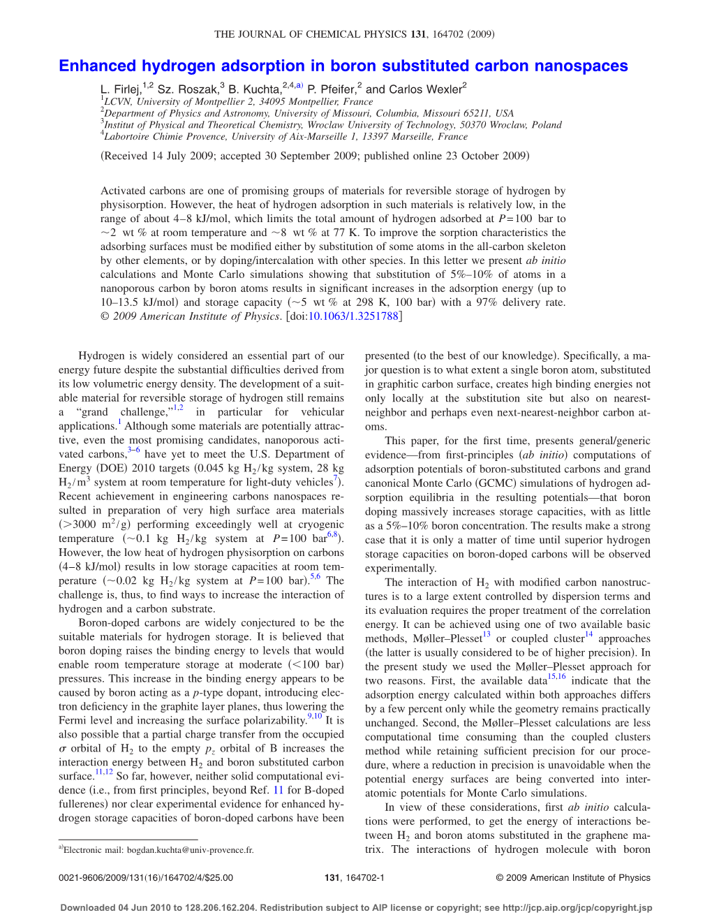 Enhanced Hydrogen Adsorption in Boron Substituted Carbon Nanospaces ͒ L