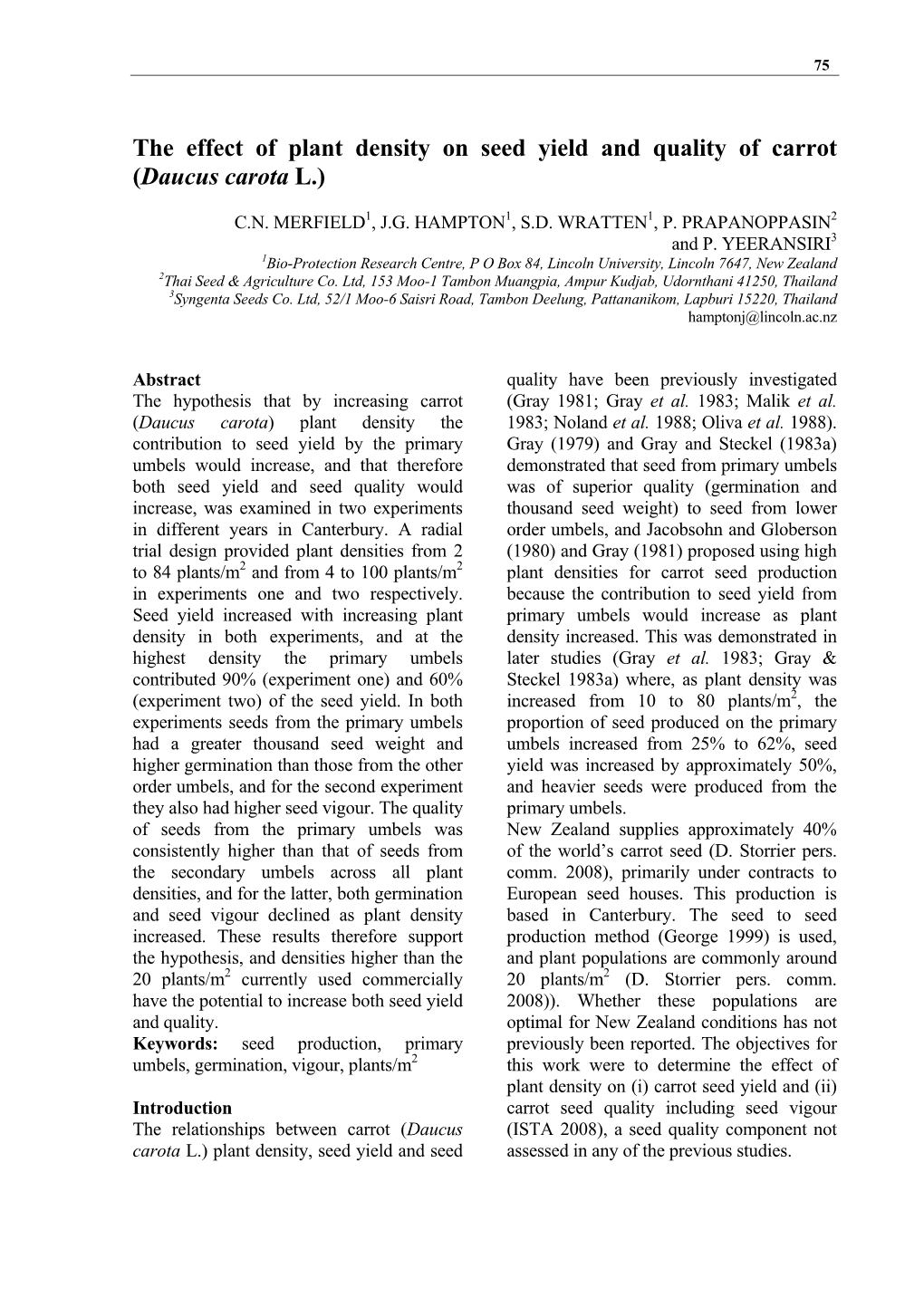 The Effect of Plant Density on Seed Yield and Quality of Carrot (Daucus Carota L.)