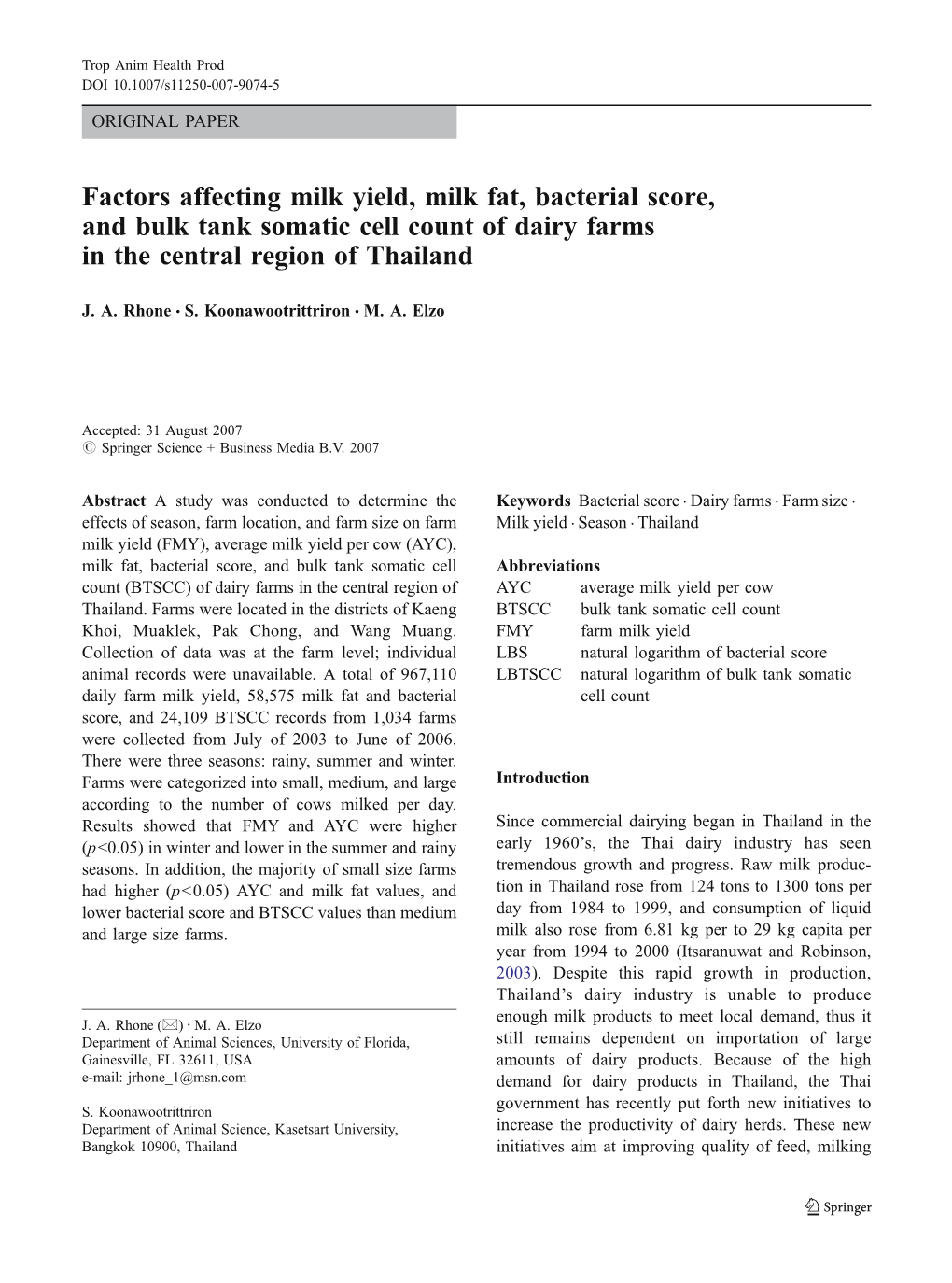 Factors Affecting Milk Yield, Milk Fat, Bacterial Score, and Bulk Tank Somatic Cell Count of Dairy Farms in the Central Region of Thailand