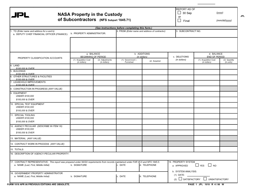 NASA Property in the Custody