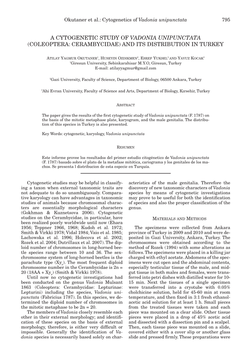 A Cytogenetic Study of Vadonia Unipunctata (Coleoptera: Cerambycidae) and Its Distribution in Turkey