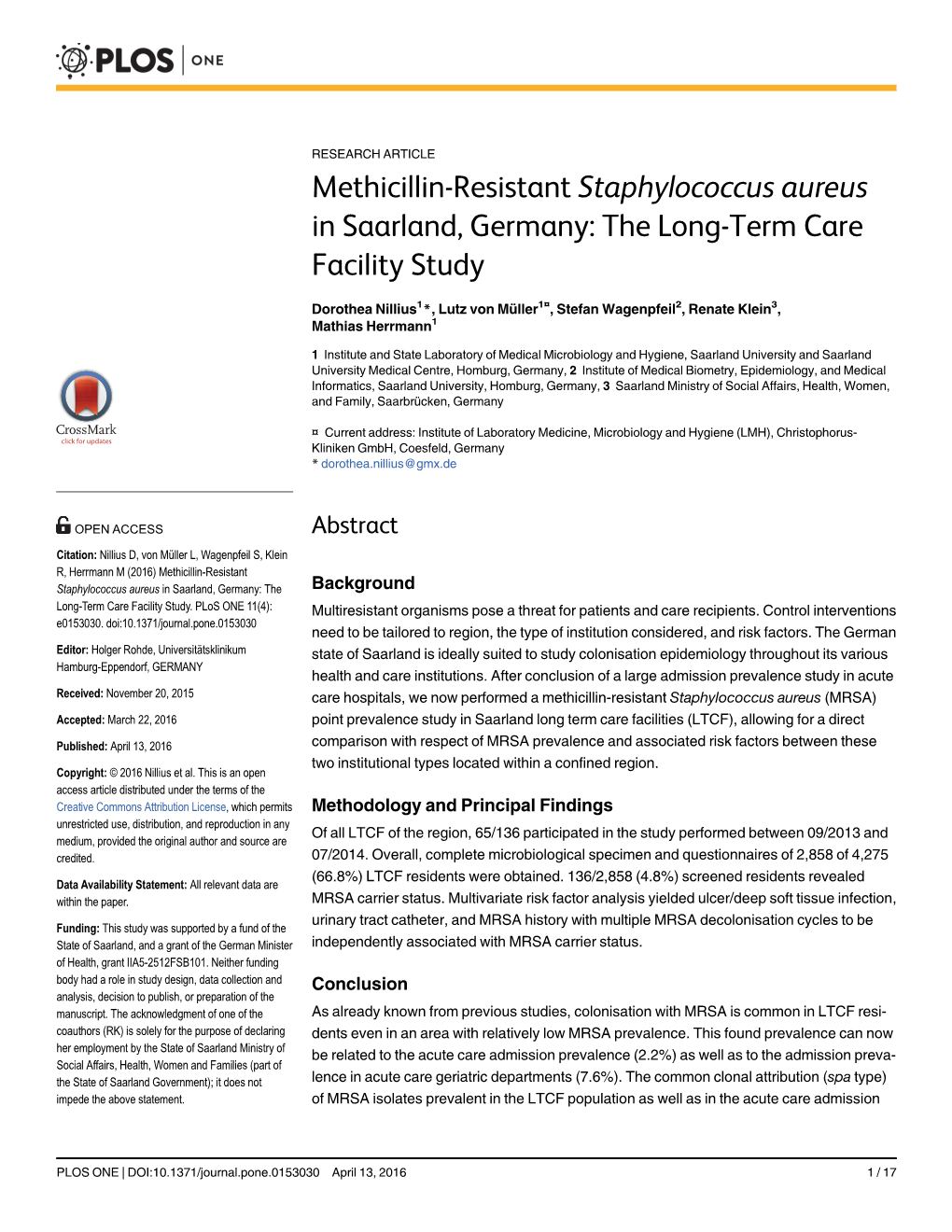 Methicillin-Resistant Staphylococcus Aureus in Saarland, Germany: the Long-Term Care Facility Study