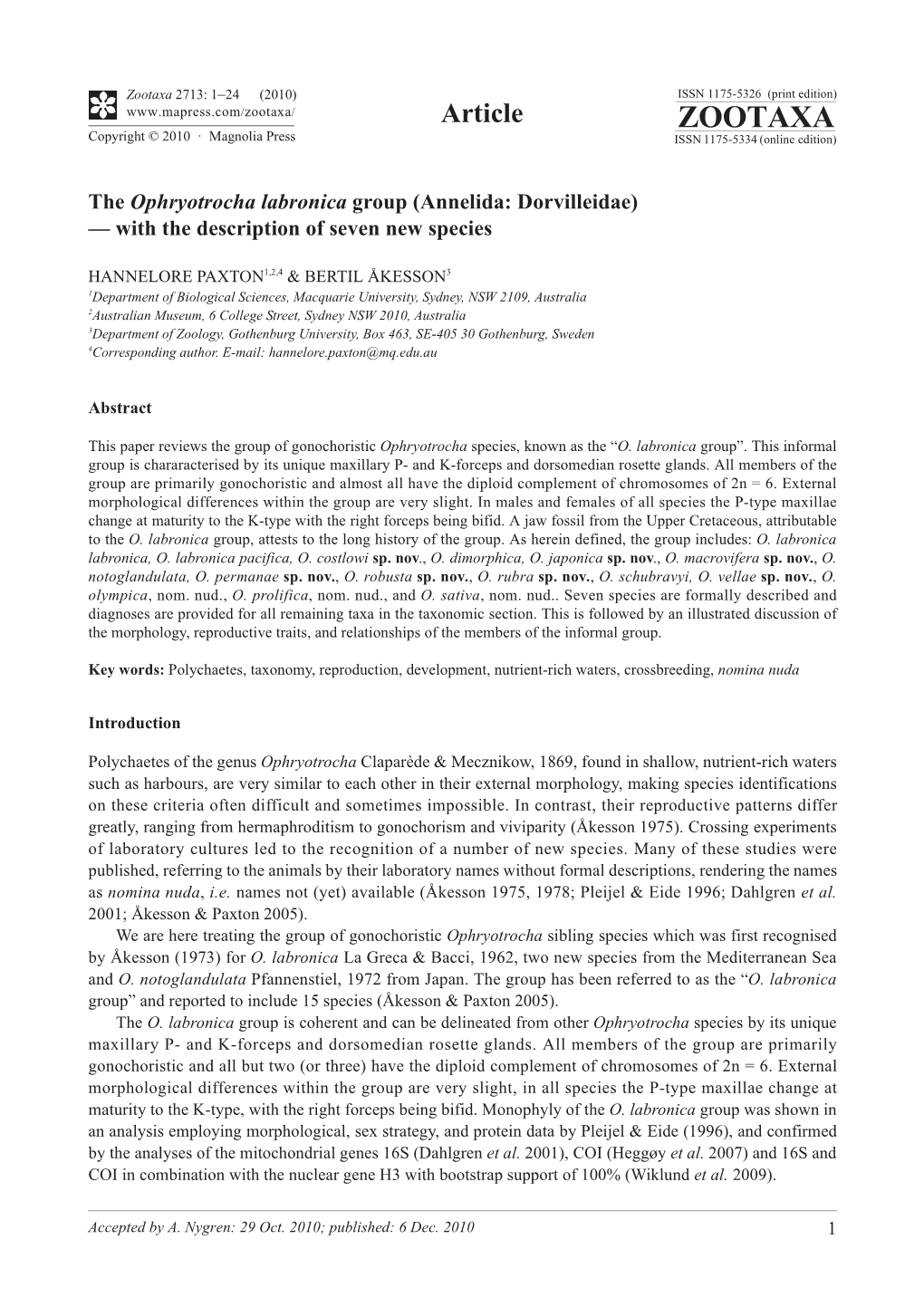 The Ophryotrocha Labronica Group (Annelida: Dorvilleidae) — with the Description of Seven New Species