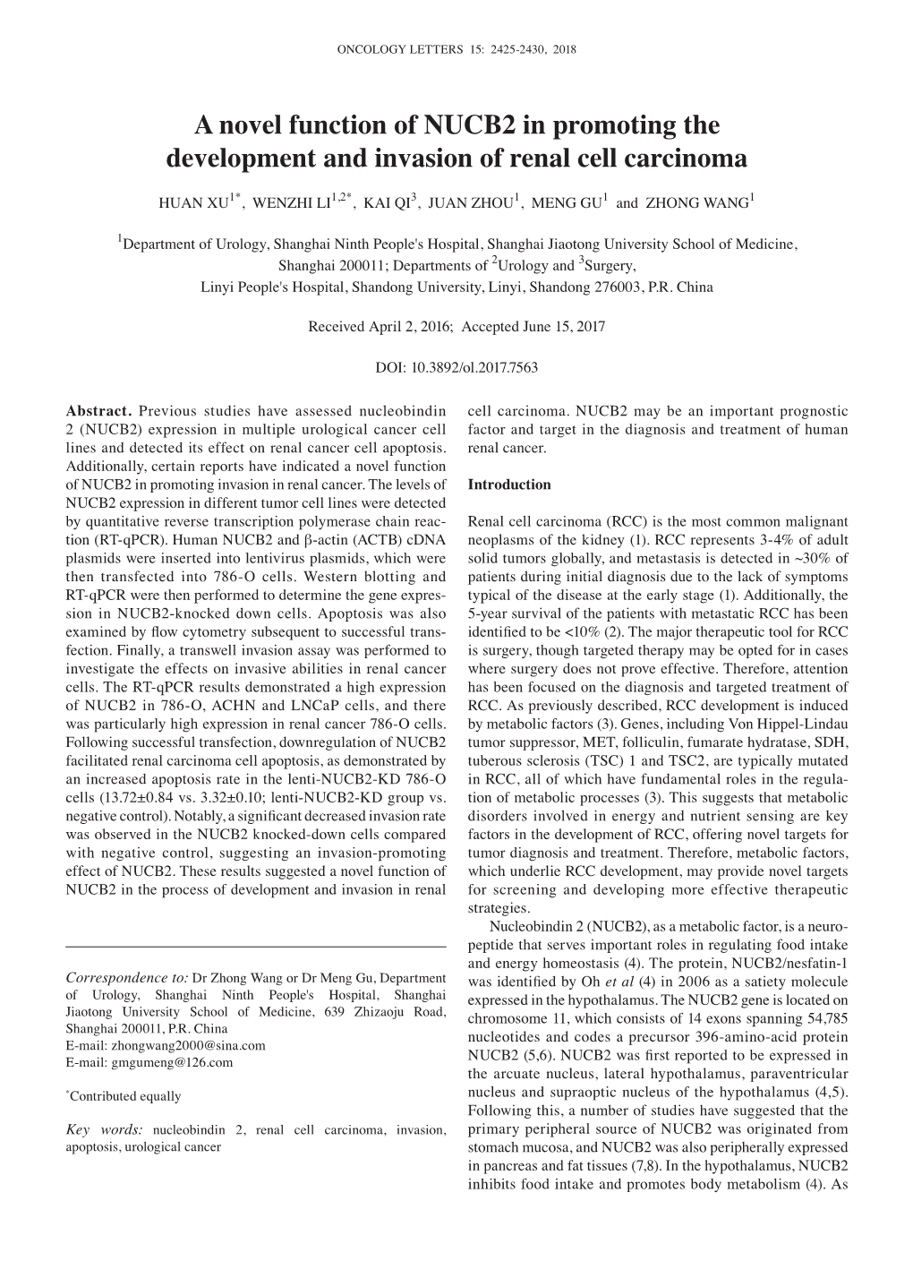 A Novel Function of NUCB2 in Promoting the Development and Invasion of Renal Cell Carcinoma