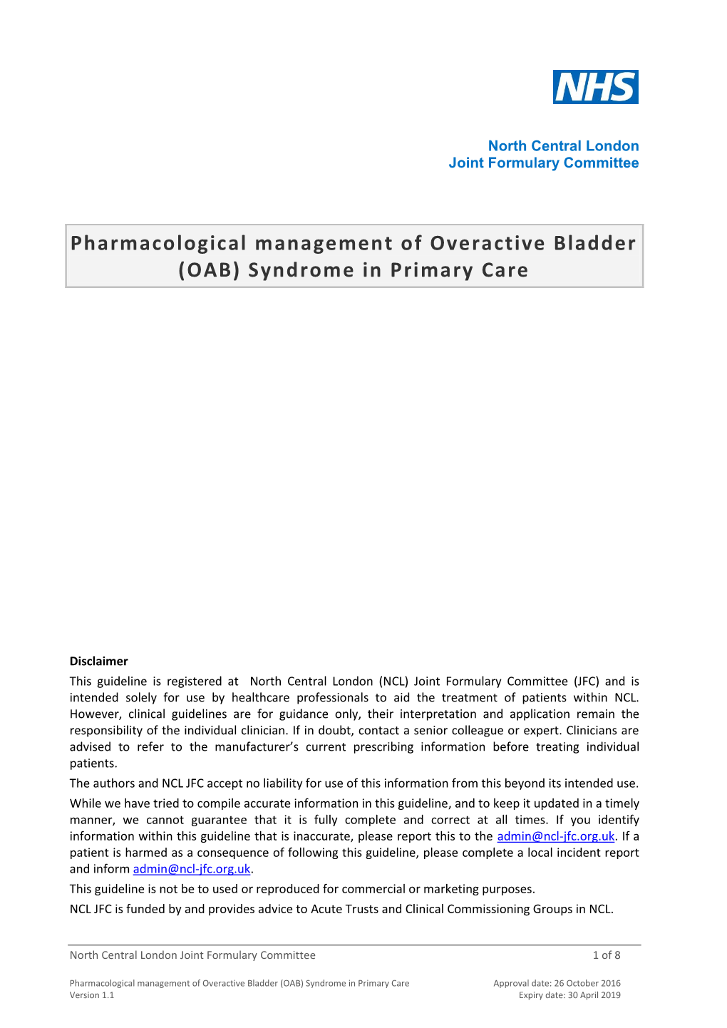 Pharmacological Management of Overactive Bladder (OAB) Syndrome in Primary Care