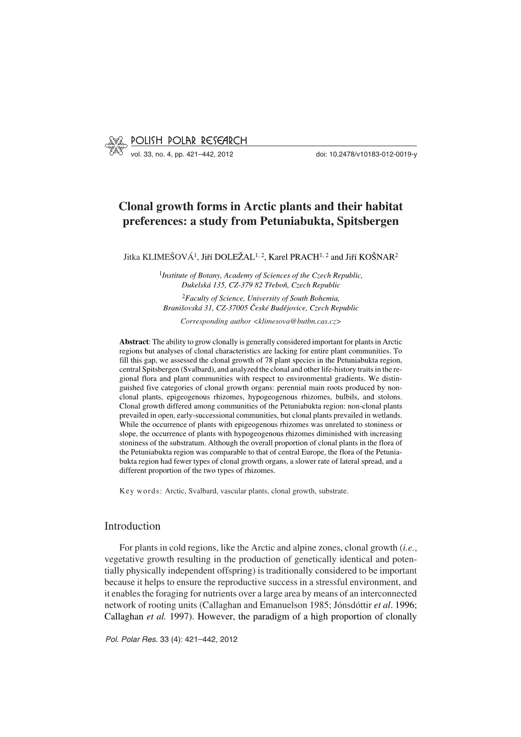 Clonal Growth Forms in Arctic Plants and Their Habitat Preferences: a Study from Petuniabukta, Spitsbergen