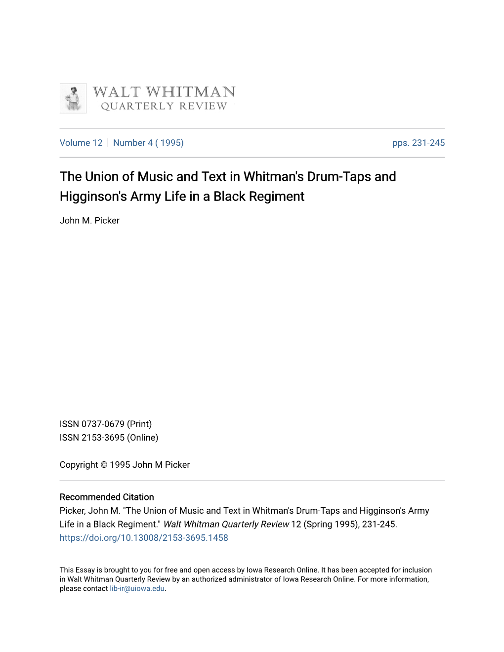 The Union of Music and Text in Whitman's Drum-Taps and Higginson's Army Life in a Black Regiment