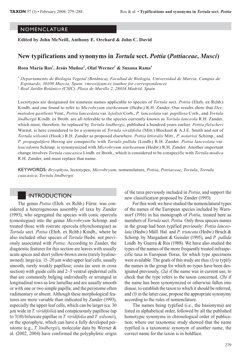 New Typifications and Synonyms in Tortula Sect. Pottia (Pottiaceae, Musci)