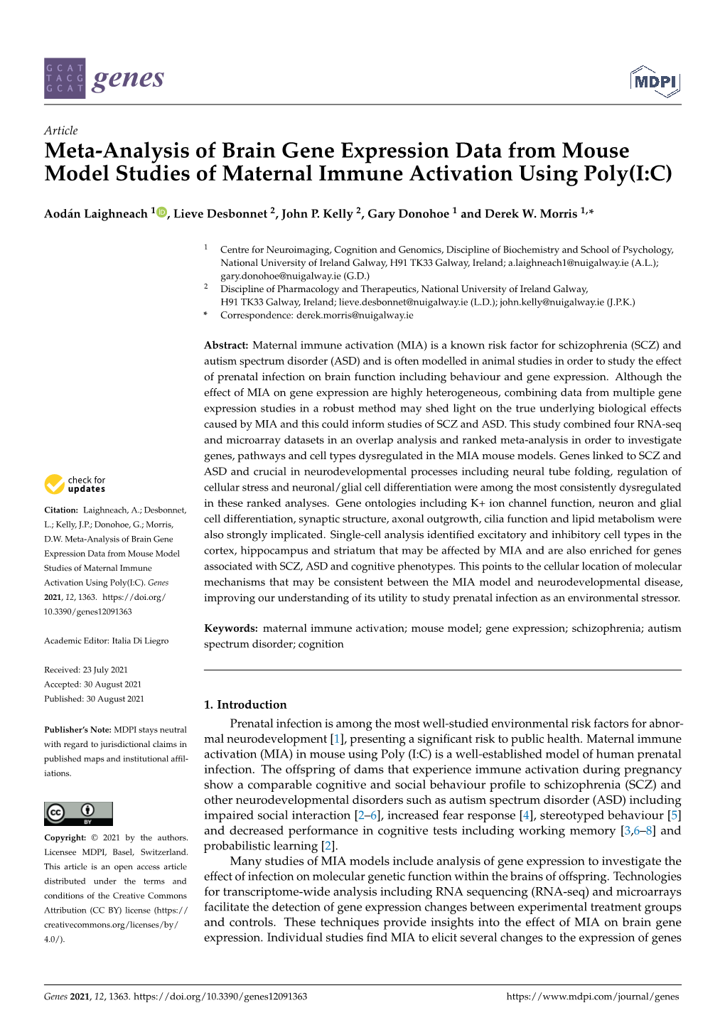 Meta-Analysis of Brain Gene Expression Data from Mouse Model Studies of Maternal Immune Activation Using Poly(I:C)