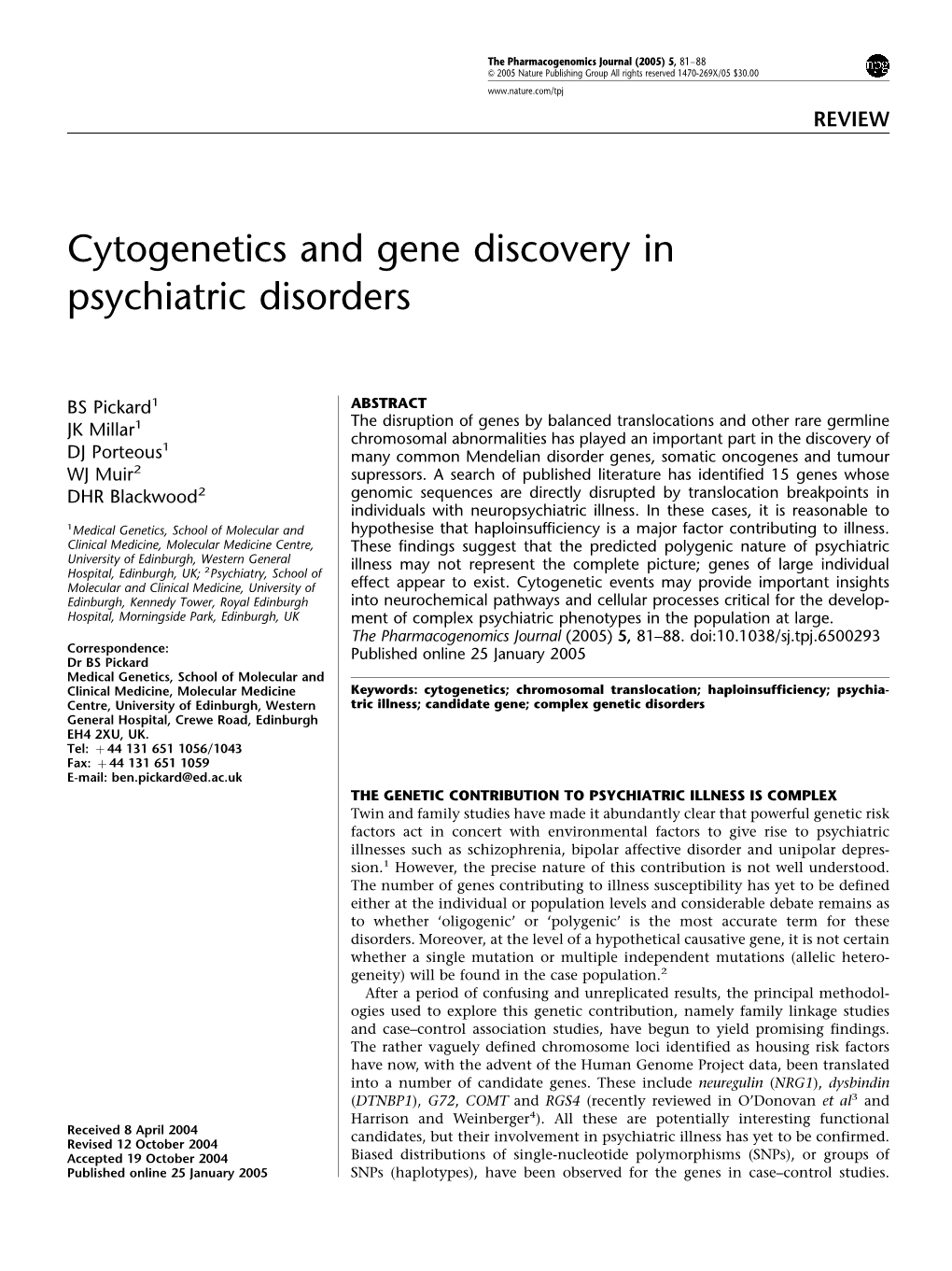 Cytogenetics and Gene Discovery in Psychiatric Disorders