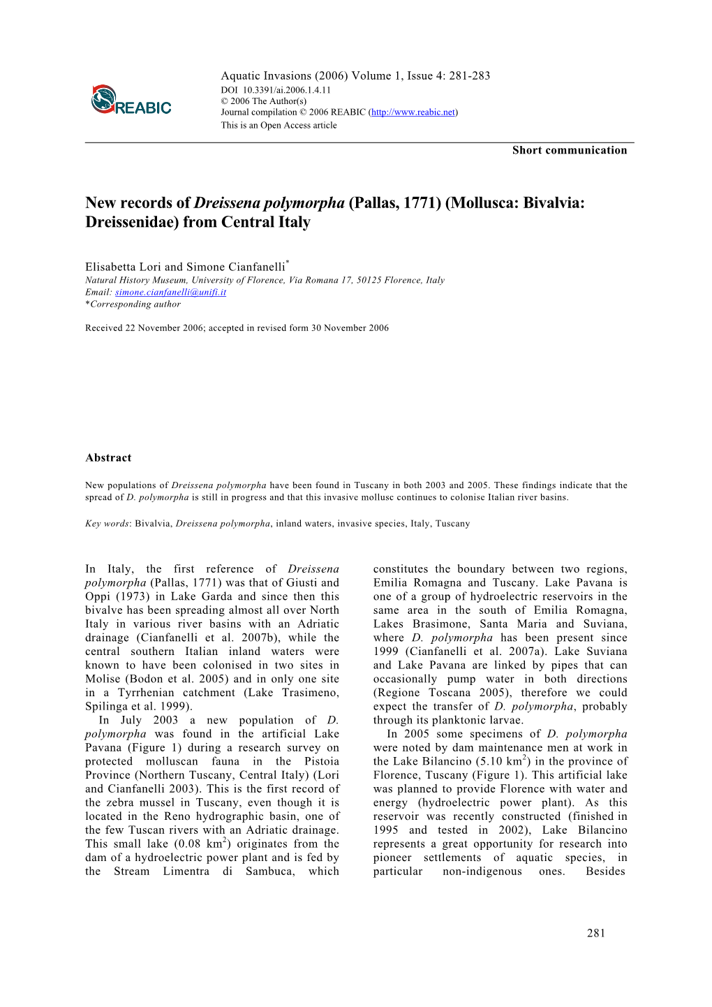 New Records of Dreissena Polymorpha (Pallas, 1771) (Mollusca: Bivalvia: Dreissenidae) from Central Italy