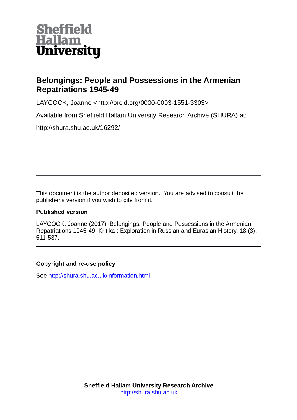 Belongings: People and Possessions in the Armenian Repatriations 1945