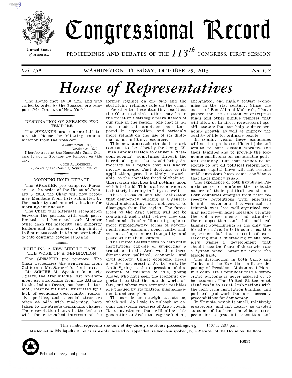 Congressional Record United States Th of America PROCEEDINGS and DEBATES of the 113 CONGRESS, FIRST SESSION