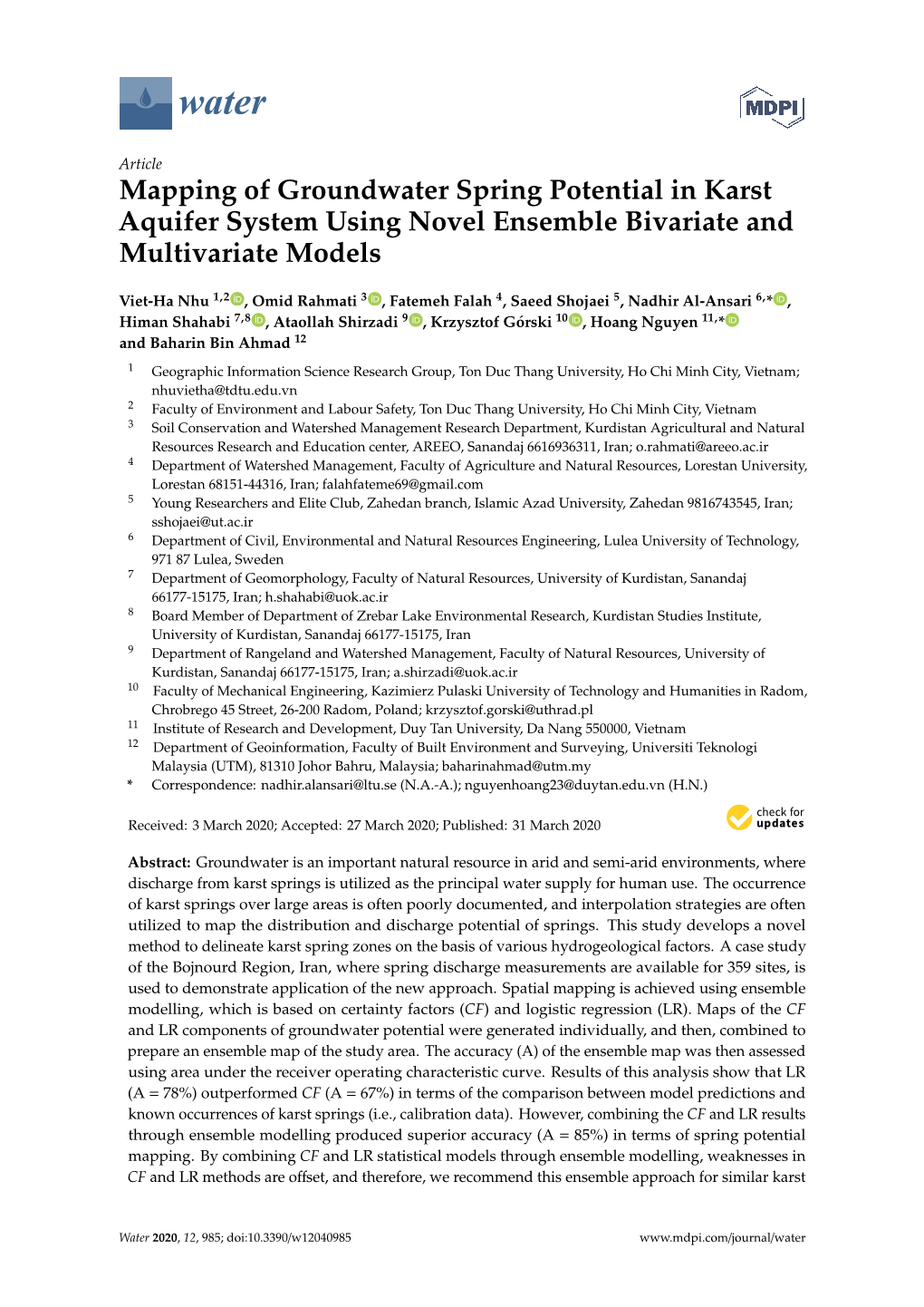 Mapping of Groundwater Spring Potential in Karst Aquifer System Using Novel Ensemble Bivariate and Multivariate Models