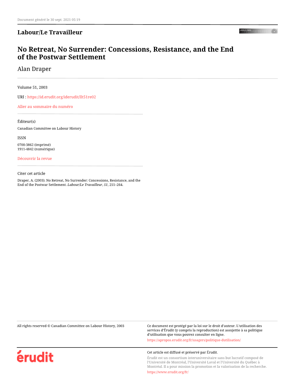 No Retreat, No Surrender: Concessions, Resistance, and the End of the Postwar Settlement Alan Draper