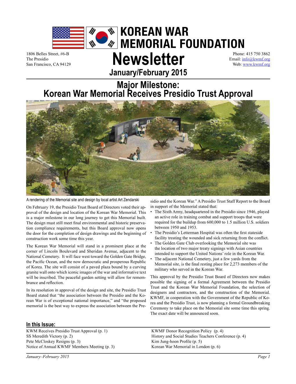 Newsletter Web: January/February 2015 Major Milestone: Korean War Memorial Receives Presidio Trust Approval