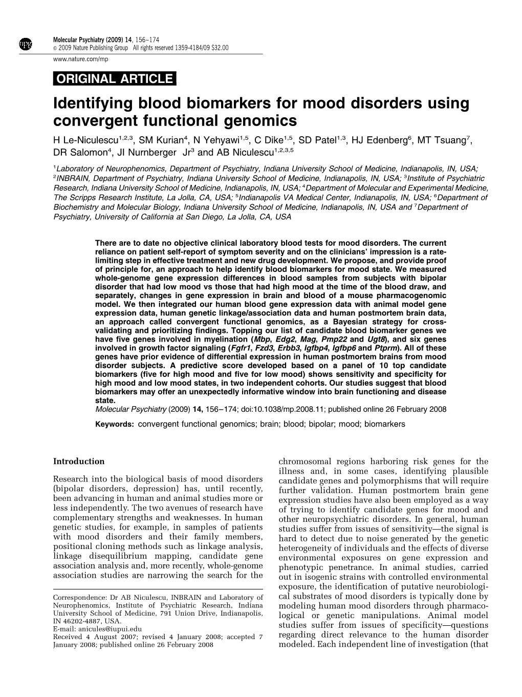 Identifying Blood Biomarkers for Mood Disorders Using Convergent