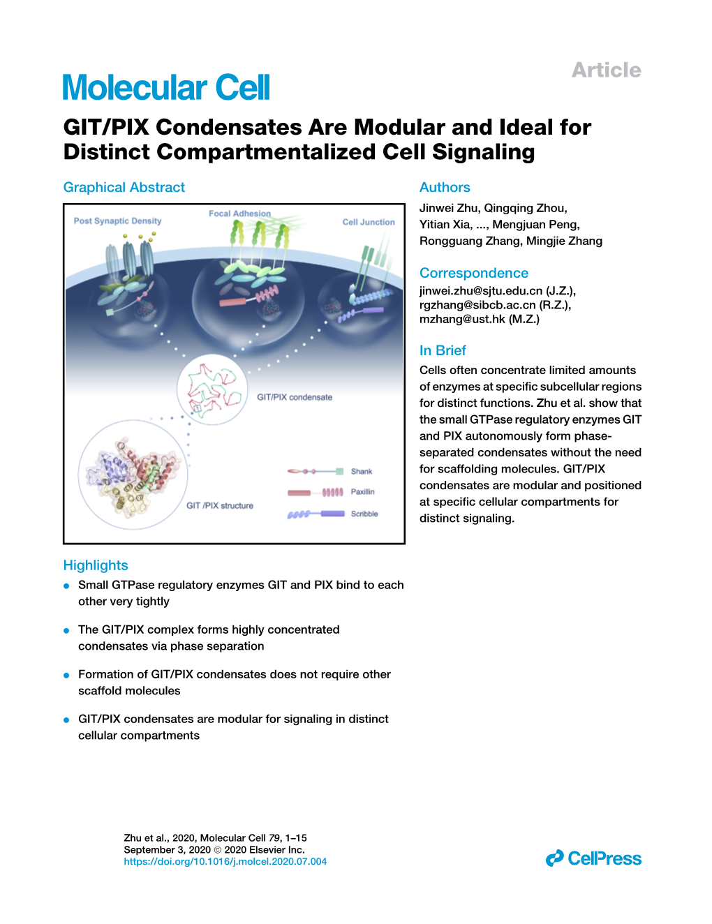 GIT/PIX Condensates Are Modular and Ideal for Distinct Compartmentalized Cell Signaling
