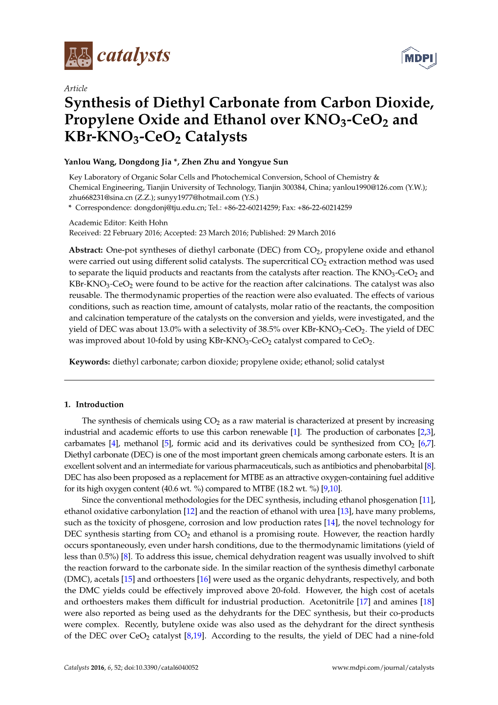 Synthesis of Diethyl Carbonate from Carbon Dioxide, Propylene Oxide and Ethanol Over KNO3-Ceo2 and Kbr-KNO3-Ceo2 Catalysts