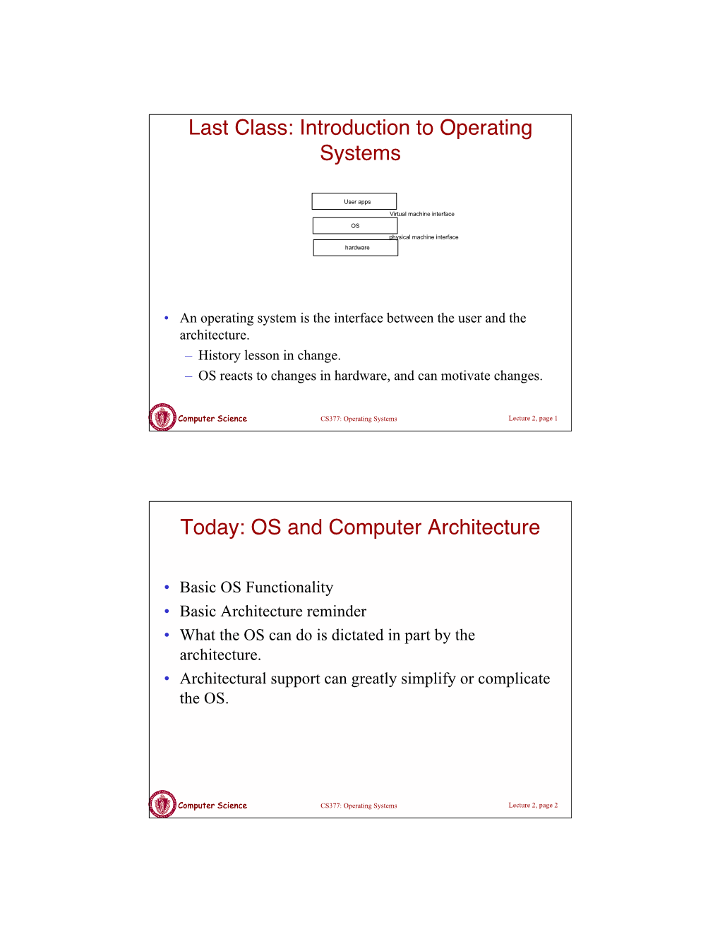 Introduction to Operating Systems Today: OS and Computer Architecture