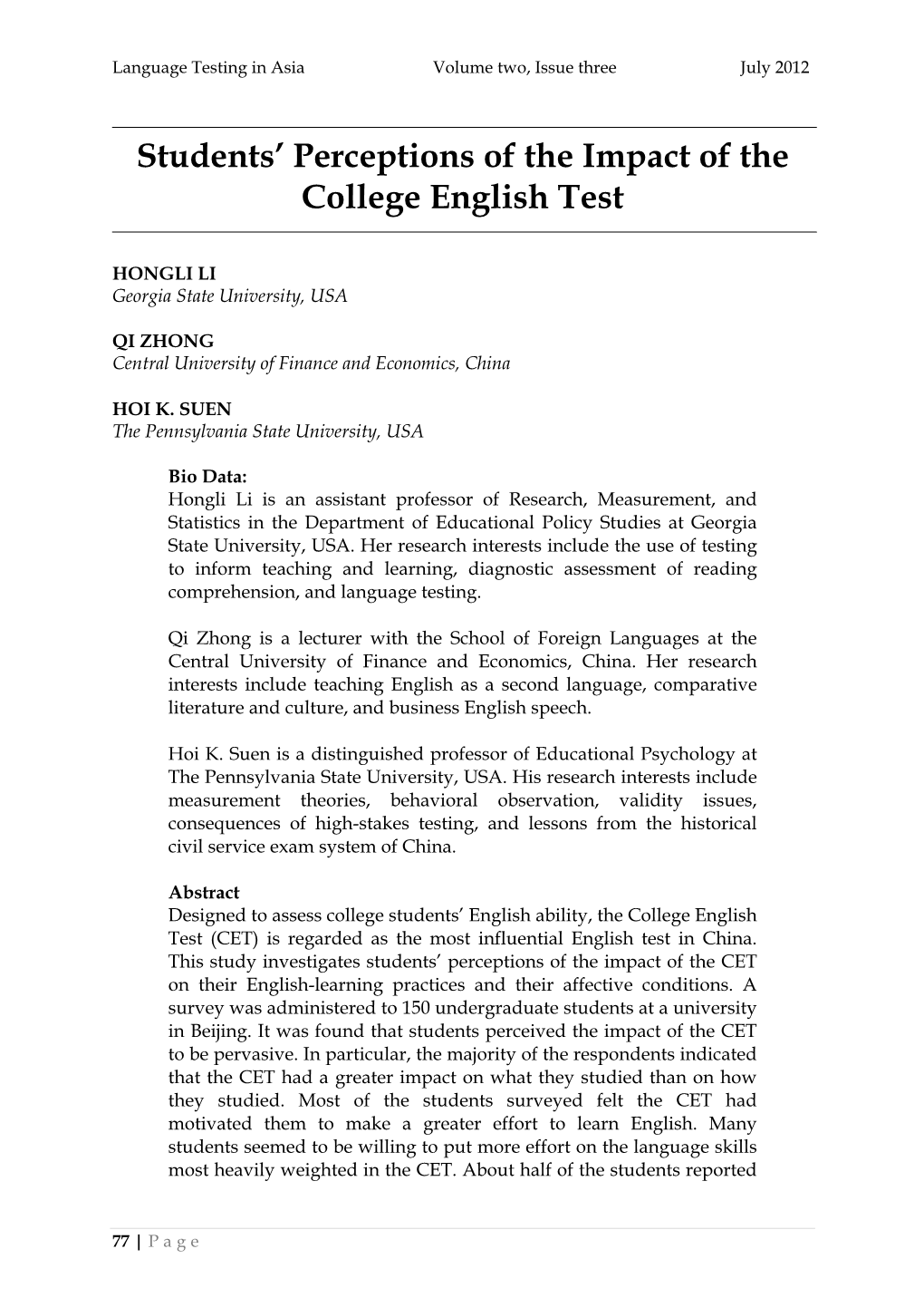 Students' Perceptions of the Impact of the College English Test