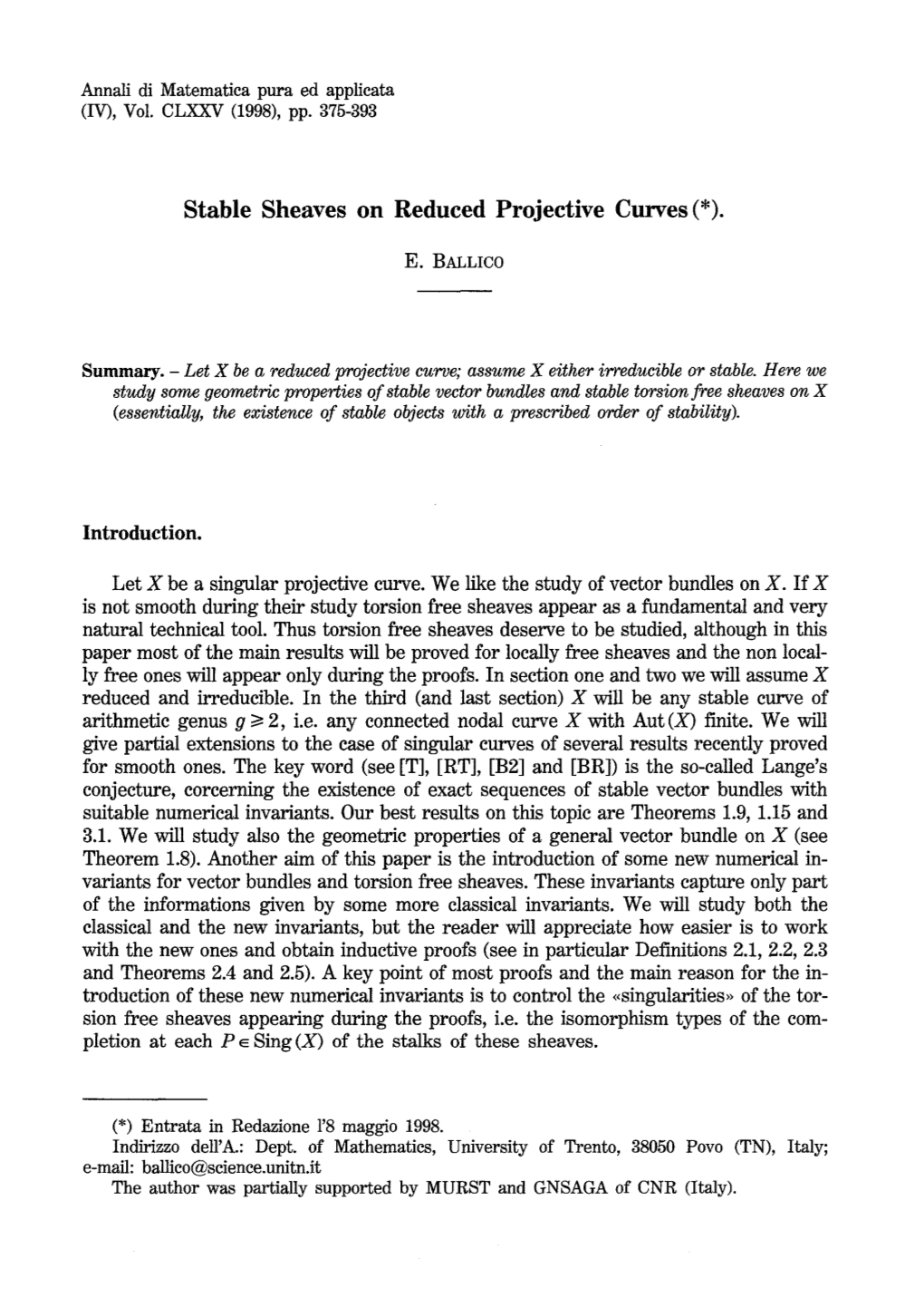 Stable Sheaves on Reduced Projective Curves (*)