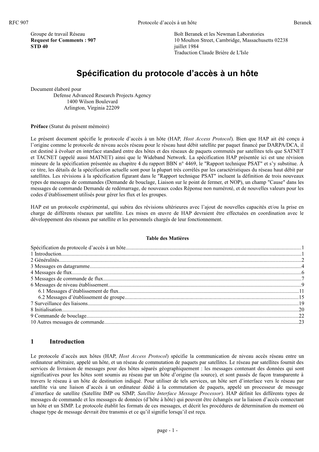 RFC 907 Protocole D’Accès À Un Hôte Beranek