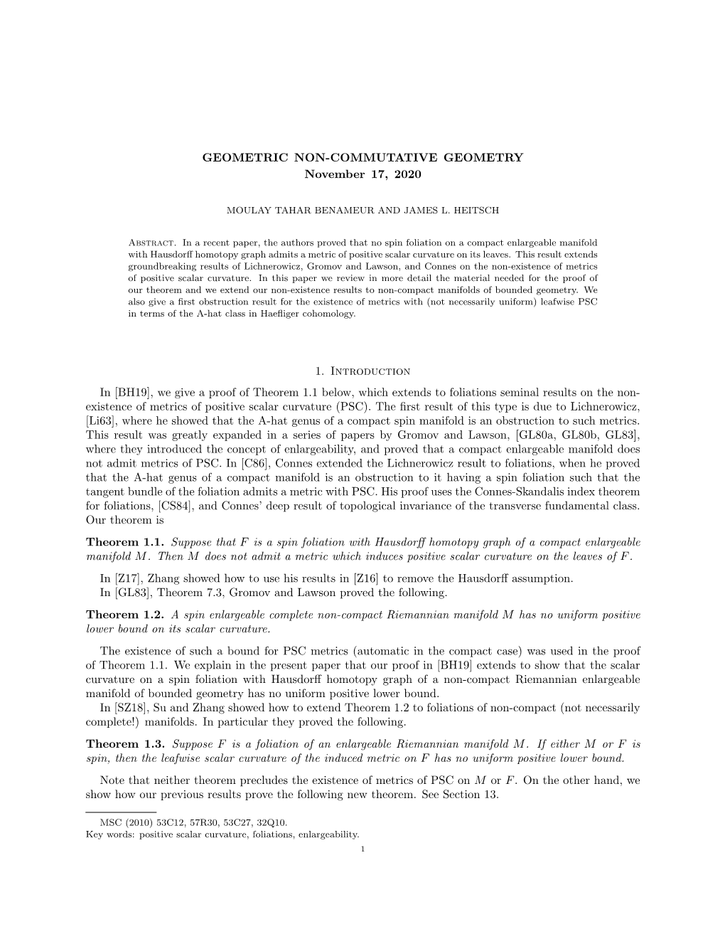 [BH19], We Give a Proof of Theorem 1.1 Below, Which Extends to Foliations Seminal Results on the Non- Existence of Metrics of Positive Scalar Curvature (PSC)