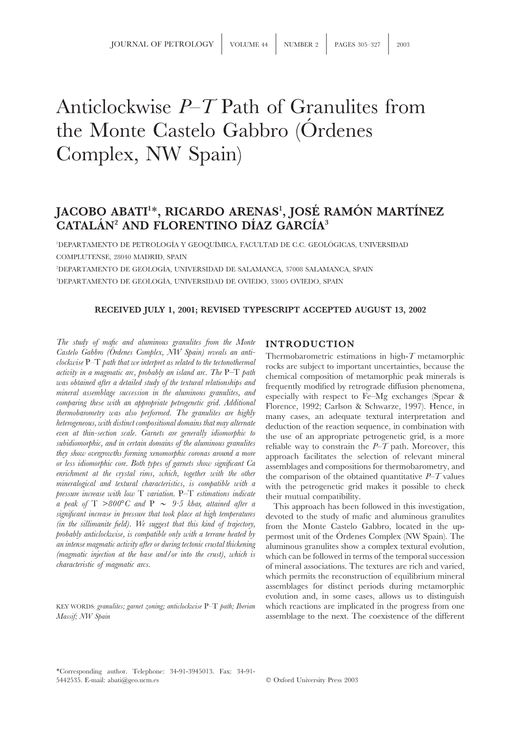 Anticlockwise P–T Path of Granulites from the Monte Castelo Gabbro (O´ Rdenes Complex, NW Spain)