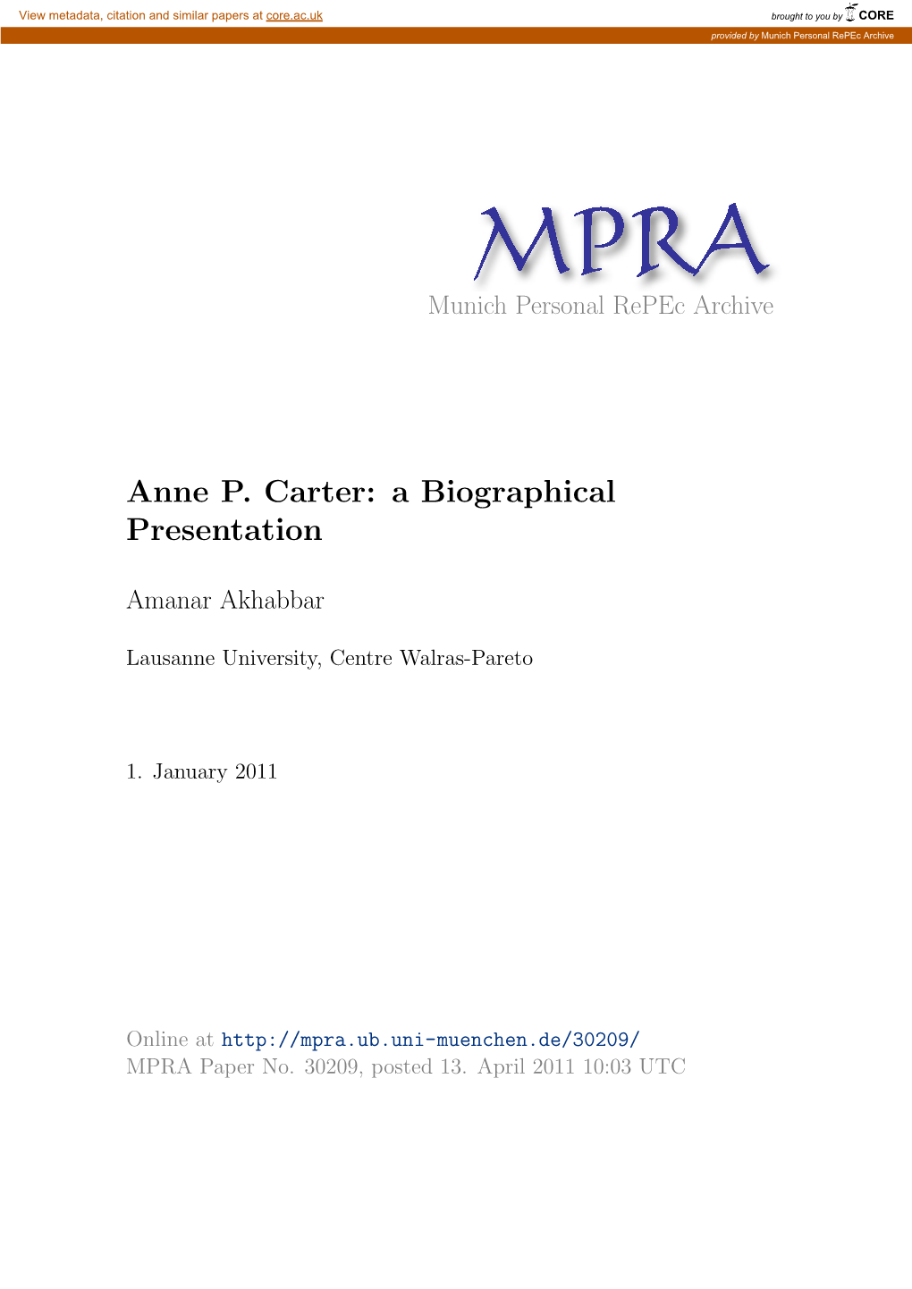 Anne P. Carter: a Biographical Presentation