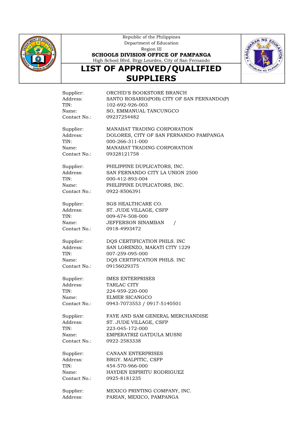 List of Approved/Qualified Suppliers