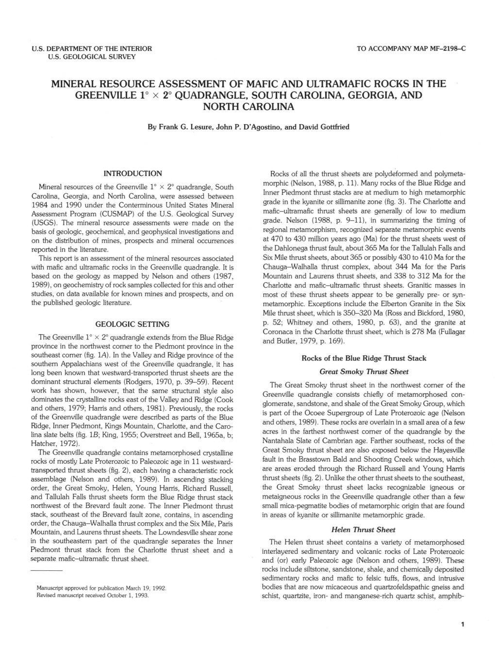 MINERAL RESOURCE ASSESSMENT of MAFIC and ULTRAMAFIC ROCKS in the GREENVILLE 1O X 2° QUADRANGLE, SOUTH CAROLINA, GEORGIA, and NORTH CAROLINA