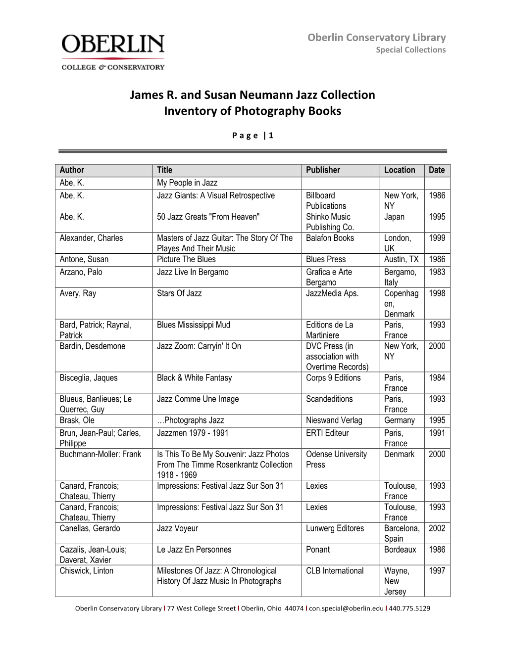 James R. and Susan Neumann Jazz Collection Inventory of Photography Books