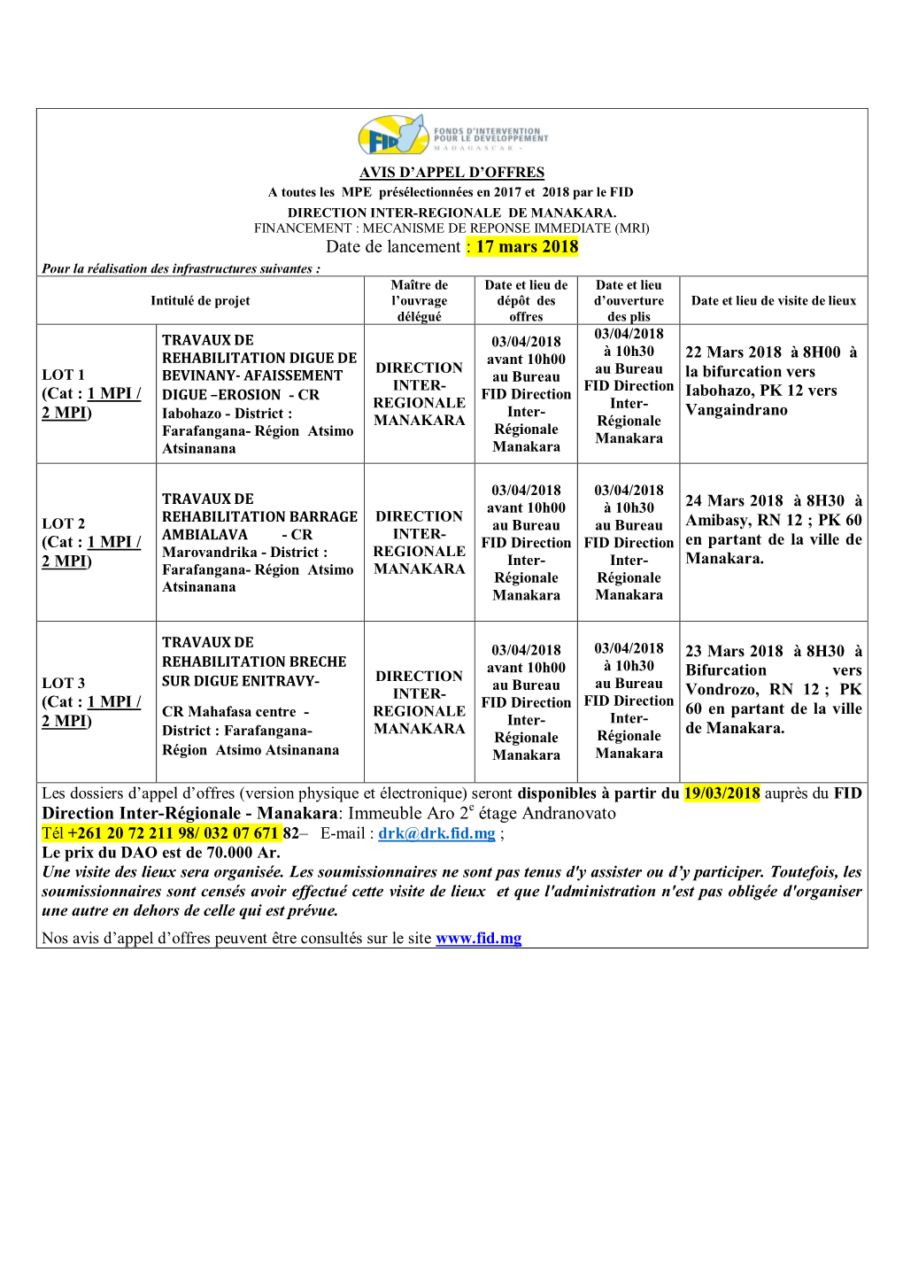 Date De Lancement : 17 Mars 2018 Direction Inter-Régionale