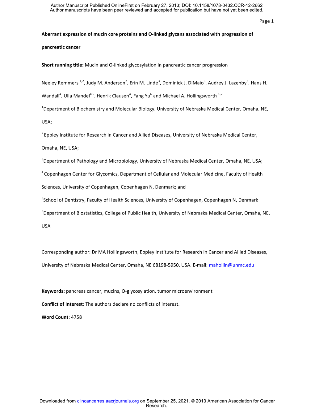 Page 1 Aberrant Expression of Mucin Core Proteins and O-Linked Glycans