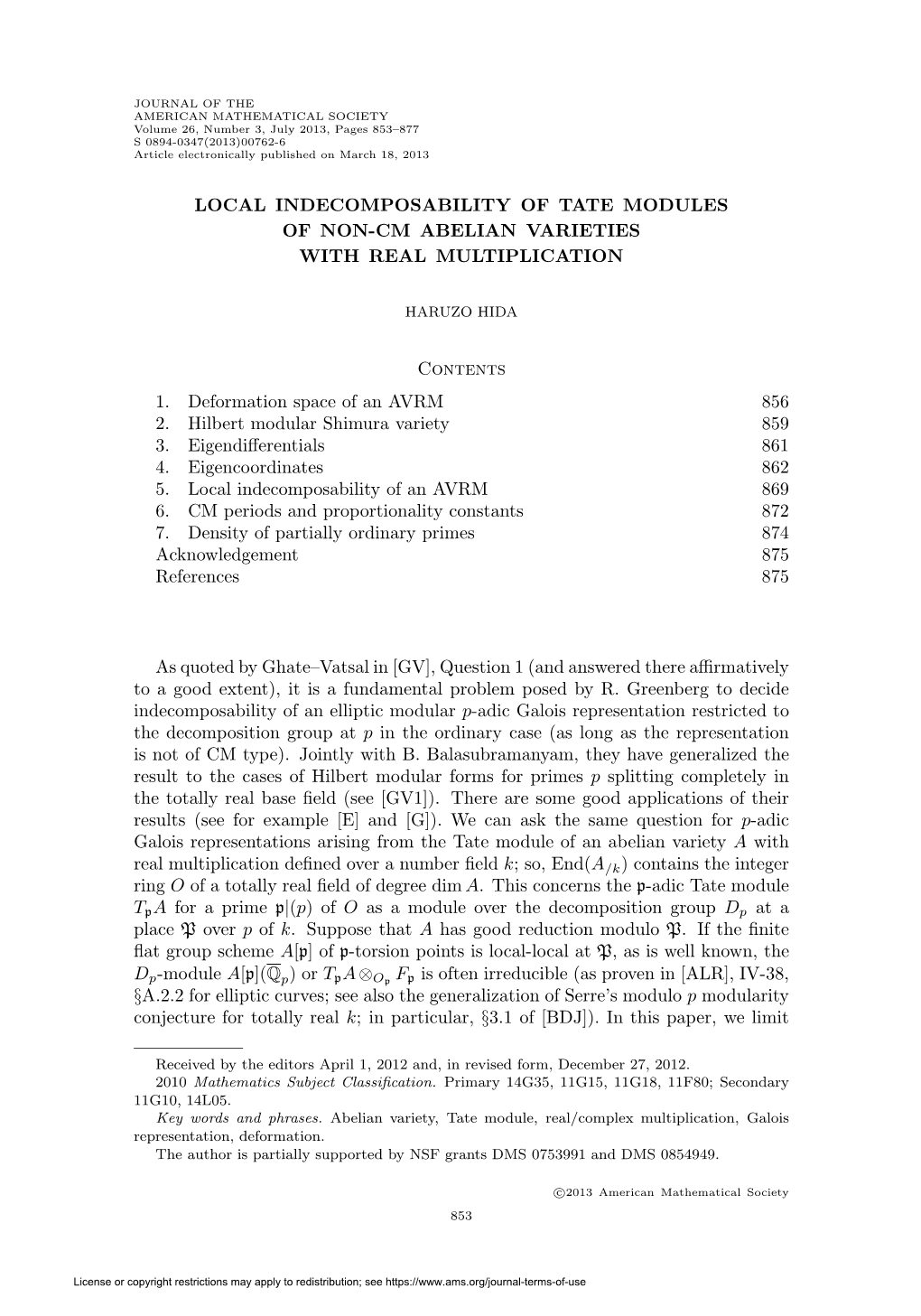 Local Indecomposability of Tate Modules of Non-Cm Abelian Varieties with Real Multiplication