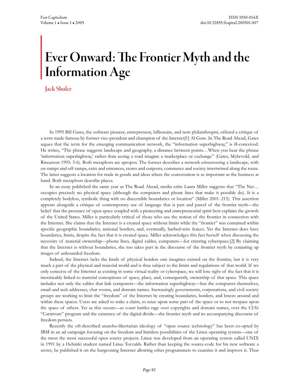 Ever Onward: the Frontier Myth and the Information Age Jack Shuler