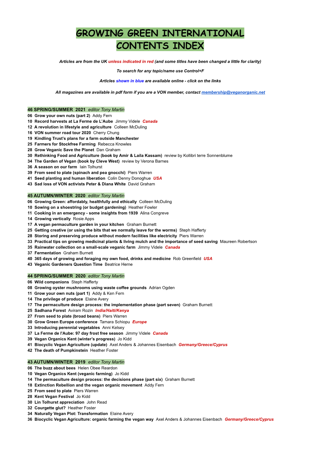 Growing Green International Contents Index