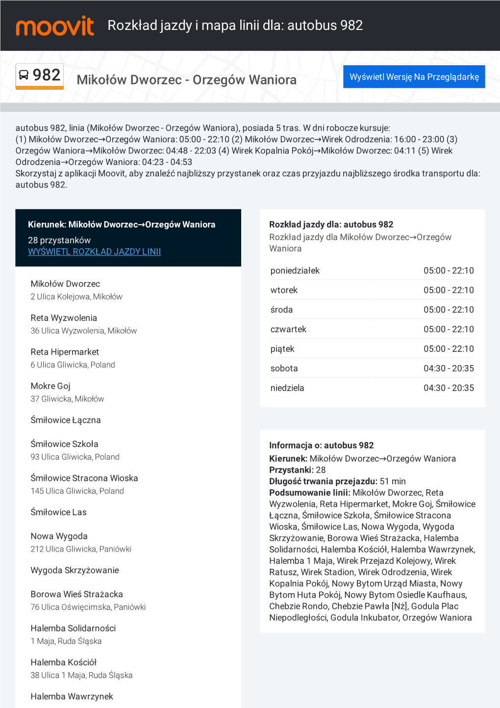 Rozkład Jazdy I Mapa Linii Dla: Autobus 982