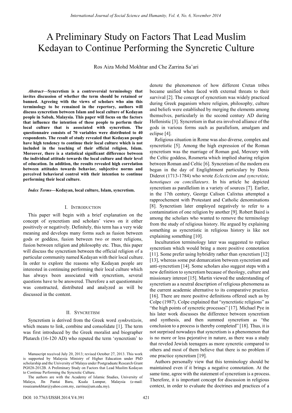 A Preliminary Study on Factors That Lead Muslim Kedayan to Continue Performing the Syncretic Culture