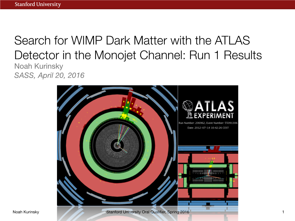 Search for WIMP Dark Matter with the ATLAS Detector in the Monojet Channel: Run 1 Results Noah Kurinsky SASS, April 20, 2016