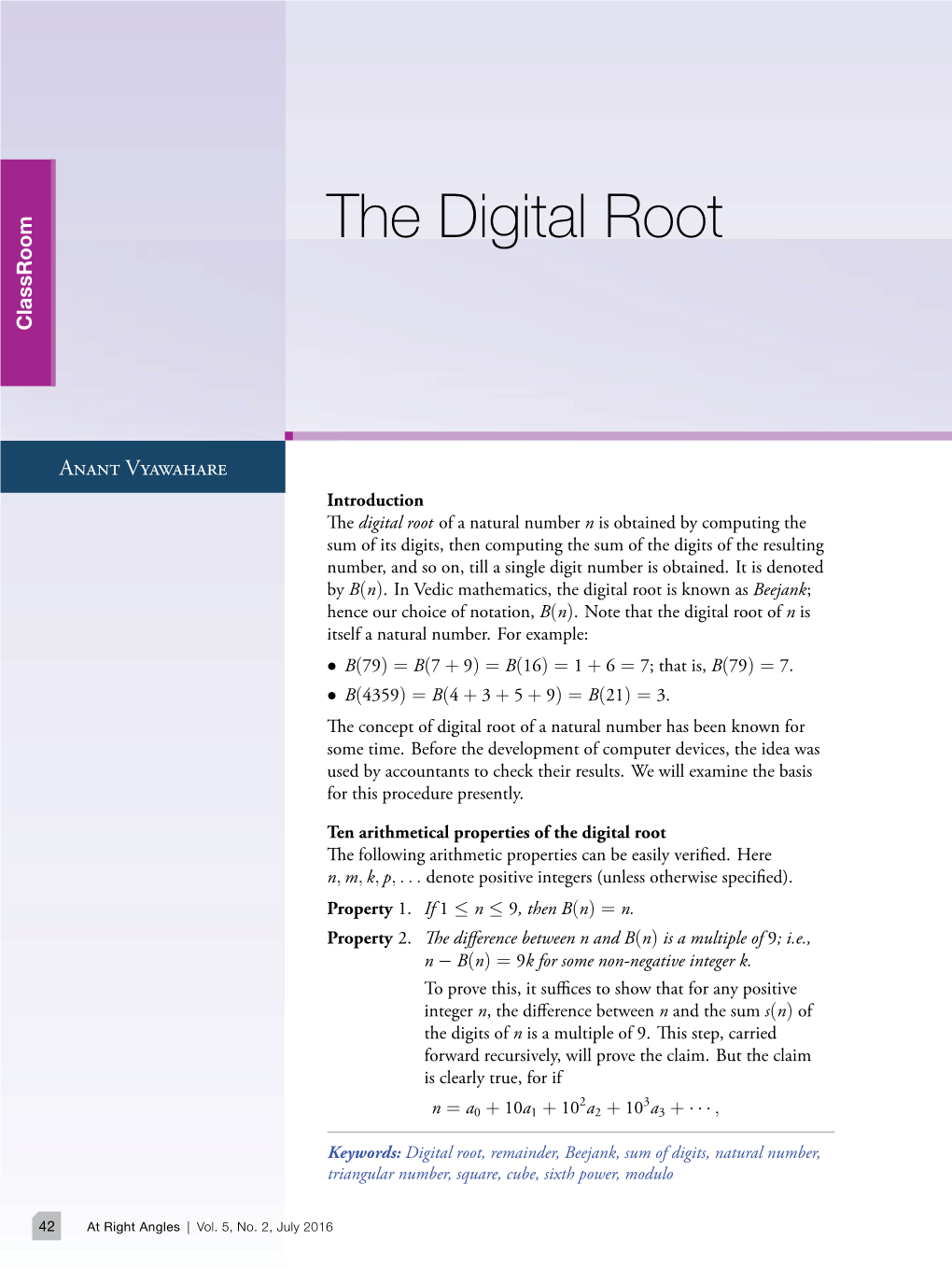 The Digital Root of M(M + 1)/2 Will Be One of the Numbers 3, 6, 9