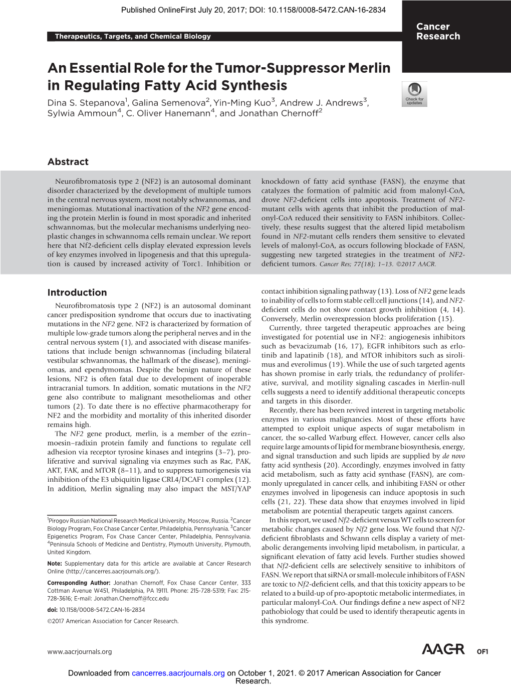 An Essential Role for the Tumor-Suppressor Merlin in Regulating Fatty Acid Synthesis Dina S