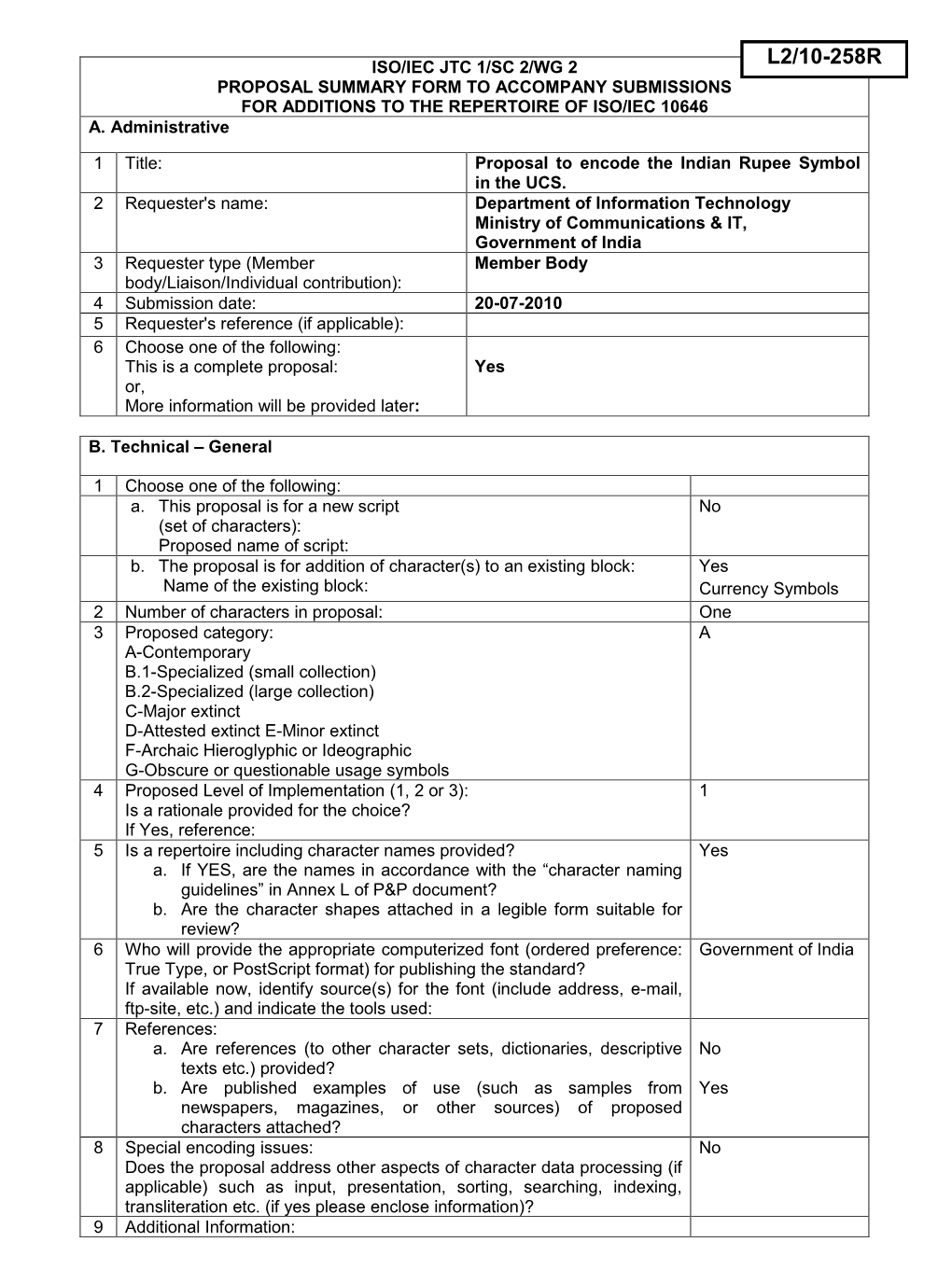 Iso/Iec Jtc 1/Sc 2/Wg 2 Proposal Summary Form to Accompany Submissions for Additions to the Repertoire of Iso/Iec 10646 A